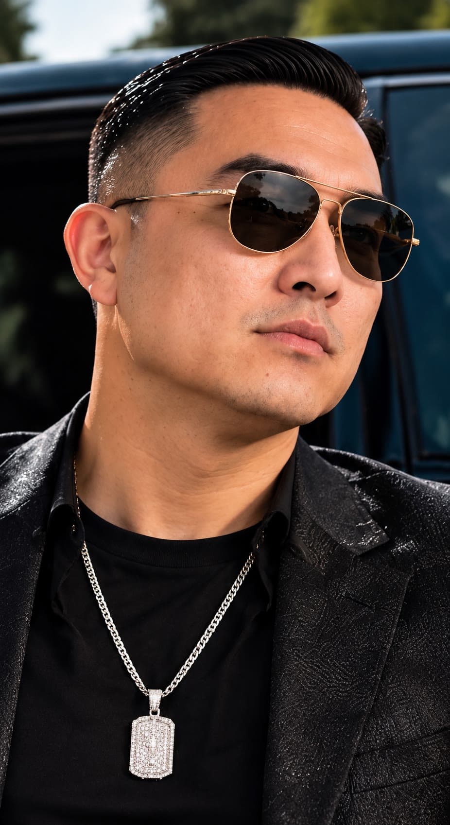 A man in gold aviator sunglasses and a black blazer wearing a silver chain with an iced dog-tag pendant